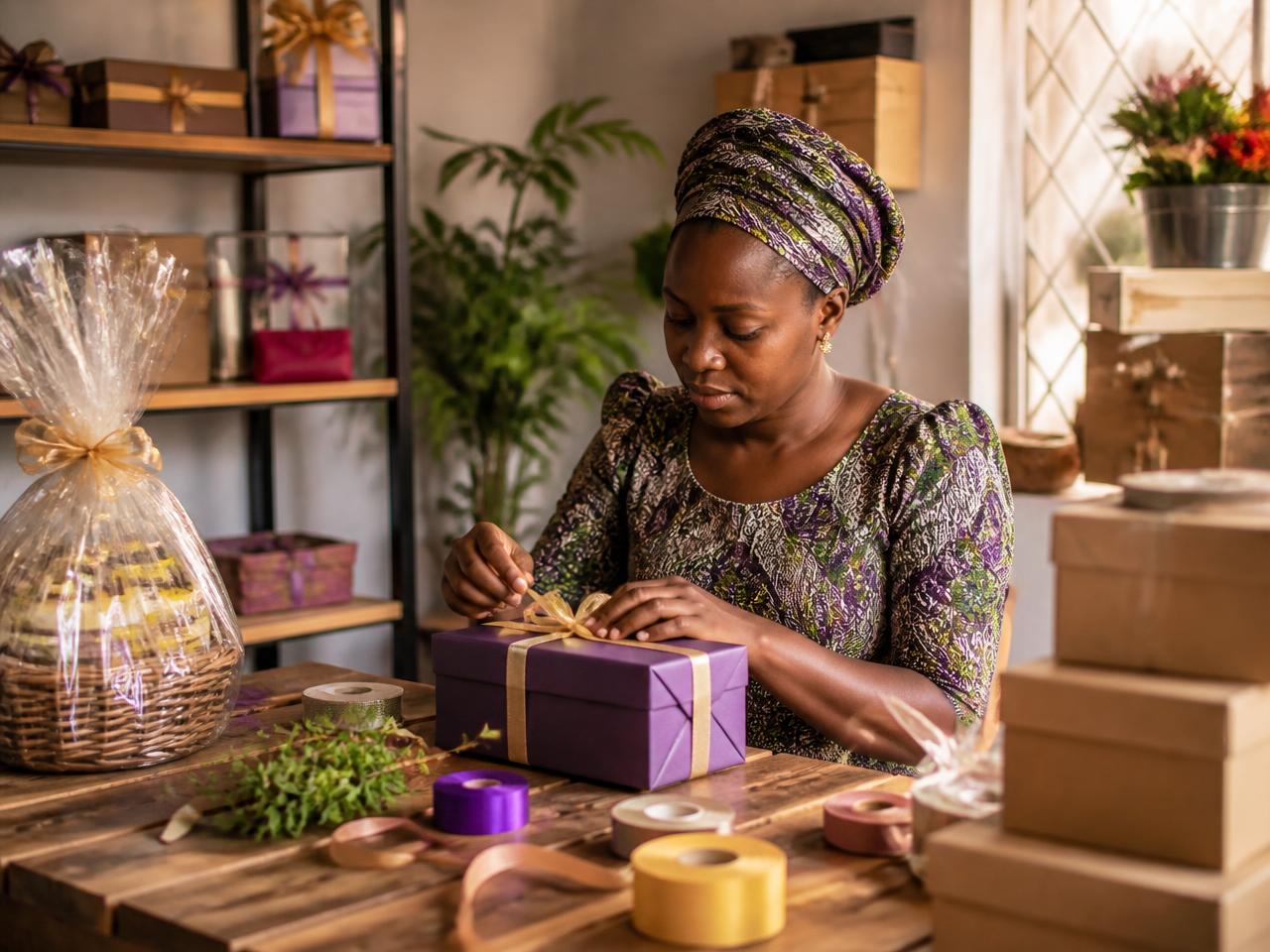 Gift N Packs founder wrapping a purple gift box with gold ribbon in the Lagos studio