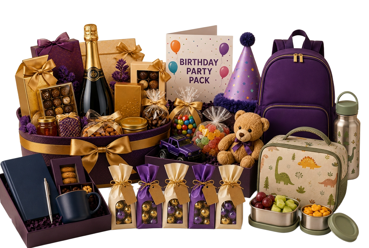 Purple and gold gift hamper, favour bags, purple backpack, dinosaur lunch kit and party pack card
